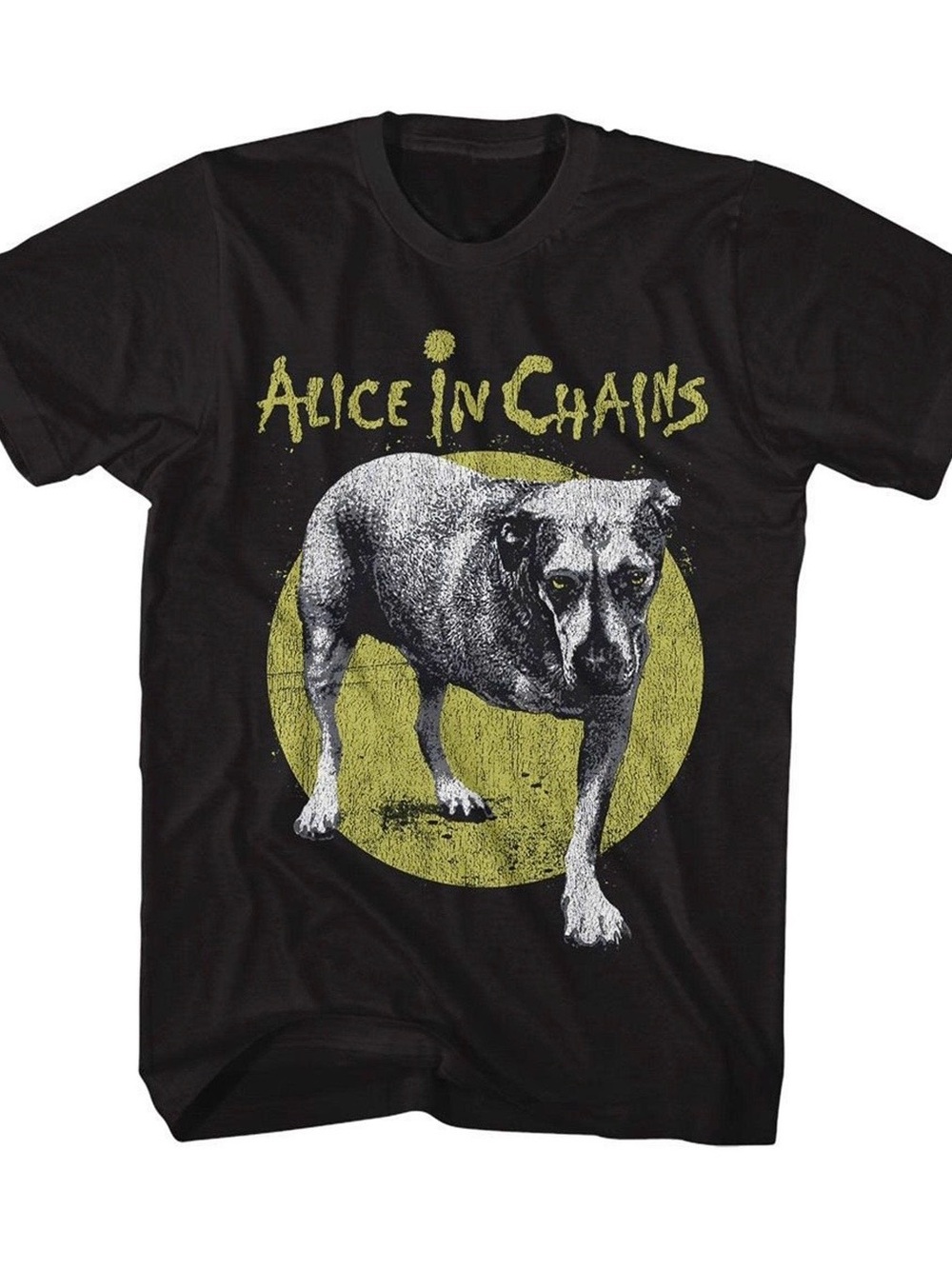 Black Short Sleeve Tee with Yellow Band Graphic and White Dog Alice In Chains